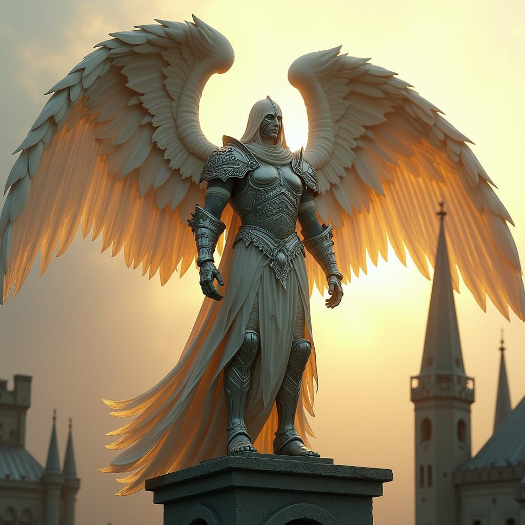 Warrior Stone Figure with Angelic Wings, Dramatic Lighting