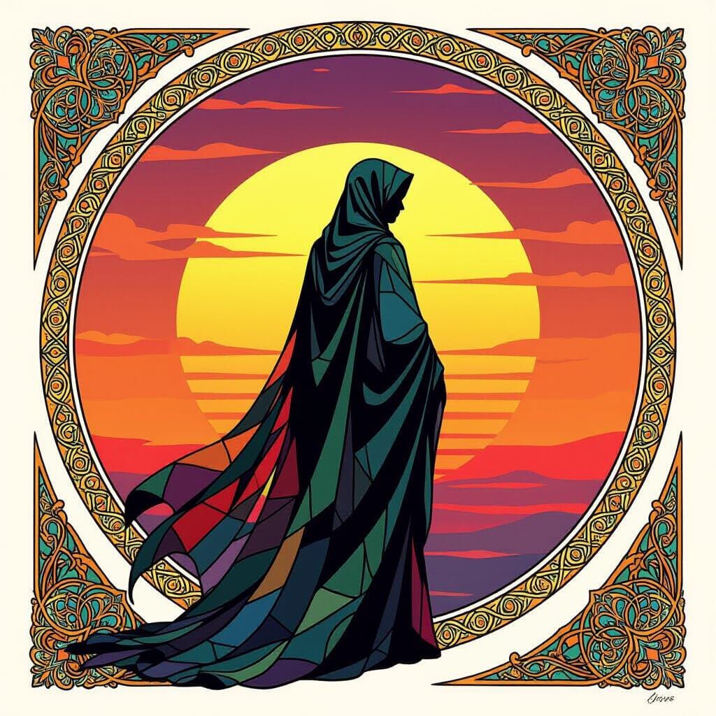Stained Glass Figure at Binary Sunset in Art Nouveau Style