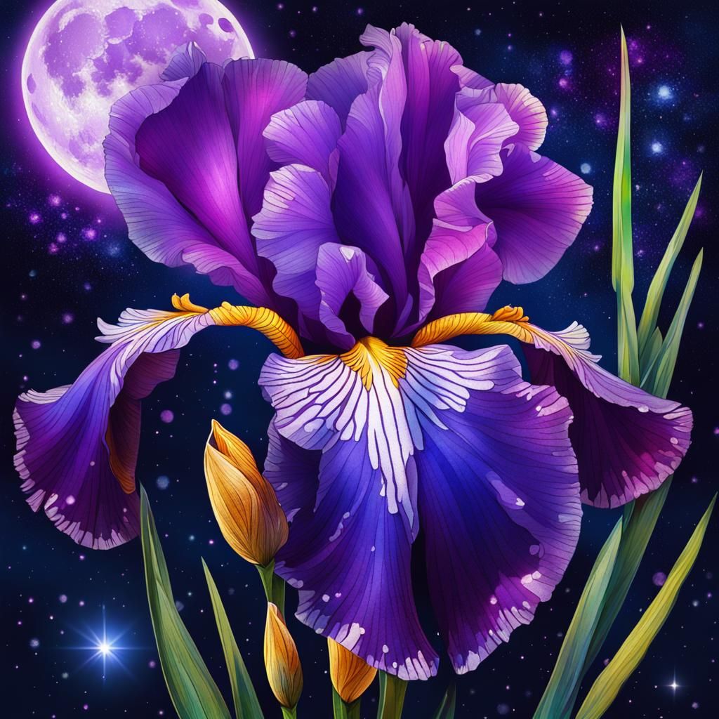 Glittering Purple Iris in Moonlight: Cosmic Illustration