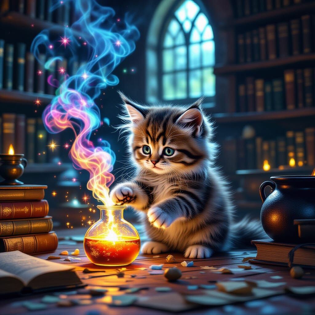 Whimsical Kitten Mischief in Hogwarts Potion Room