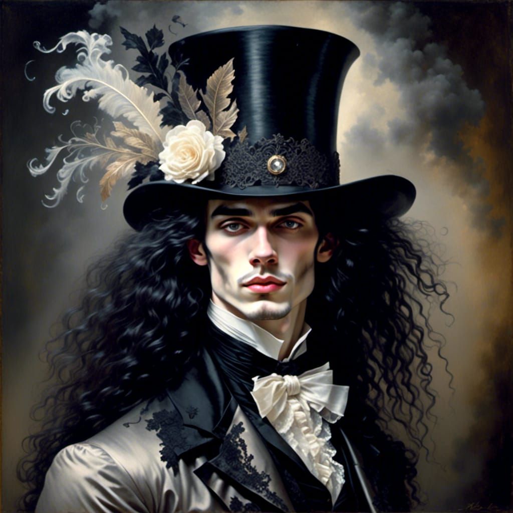 Glamorous Goth Man with White Hair in Watercolor