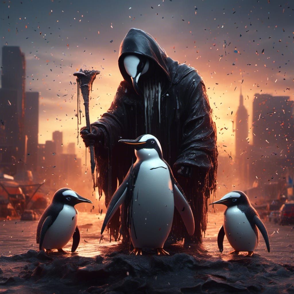 Grim Reaper and Penguin Friend in Hyperrealistic Style