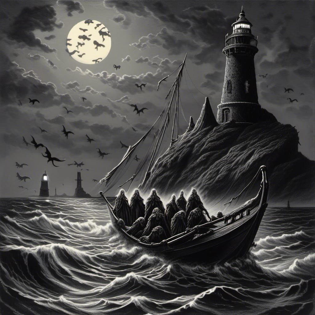 Cthulhu Boat Under Pale Moonlight: Horror Art