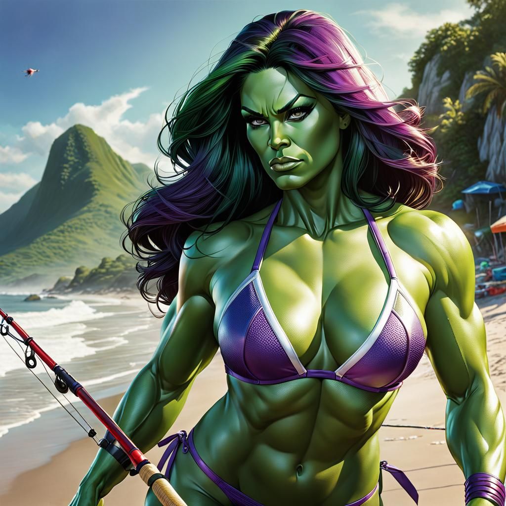 She Hulk on Beach Holiday: Hyperrealistic Portrait