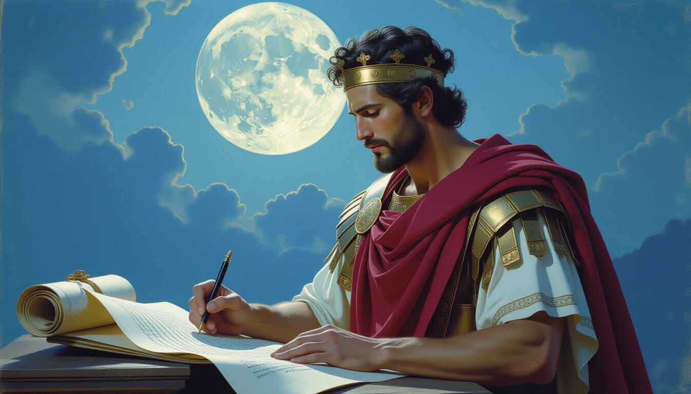 Roman Emperor Writing by Moonlight in Silvery Glow