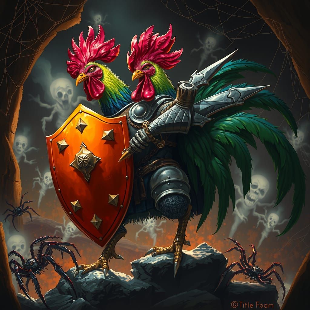 Armored Battle Chicken in Ghostly Barn, Dark Fantasy Art
