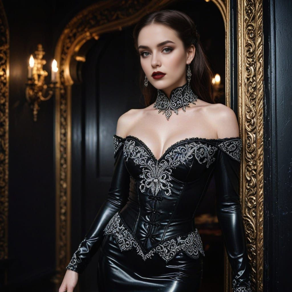 Glamorous Woman in Black Latex Bodice and Skirt