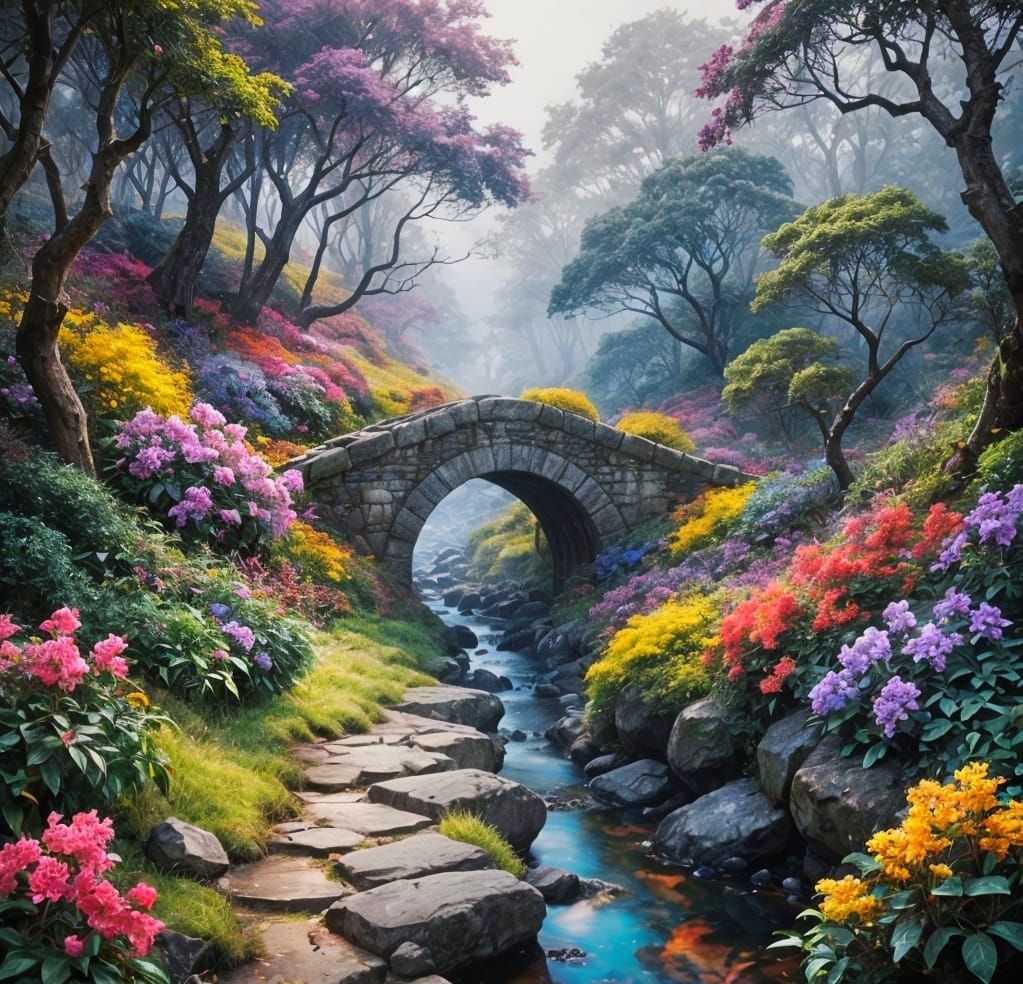 Vibrant Mist Covers Ancient Stone Bridge in Australian Villa...