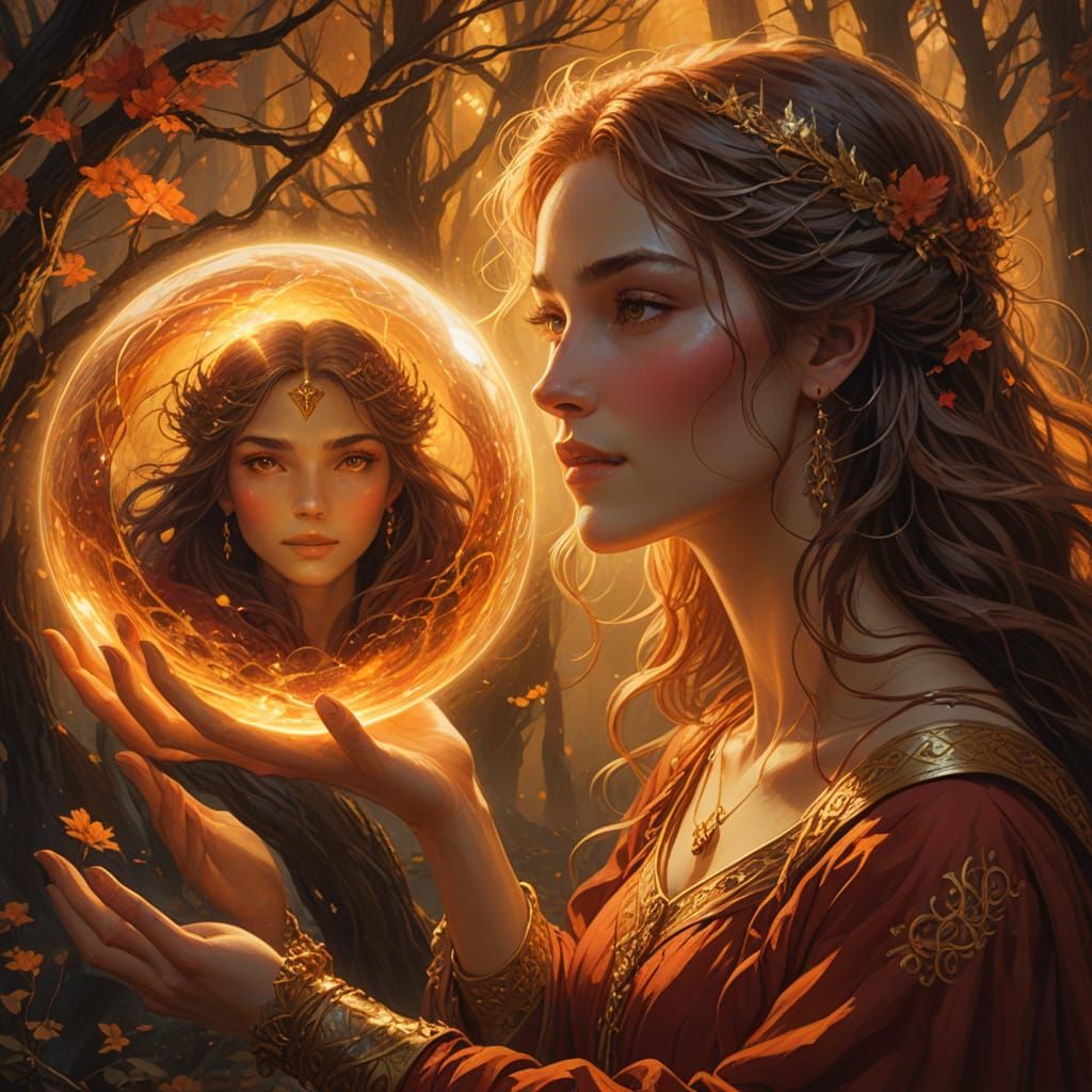 Ethereal Woman Contemplates Destiny in Celestial Glow