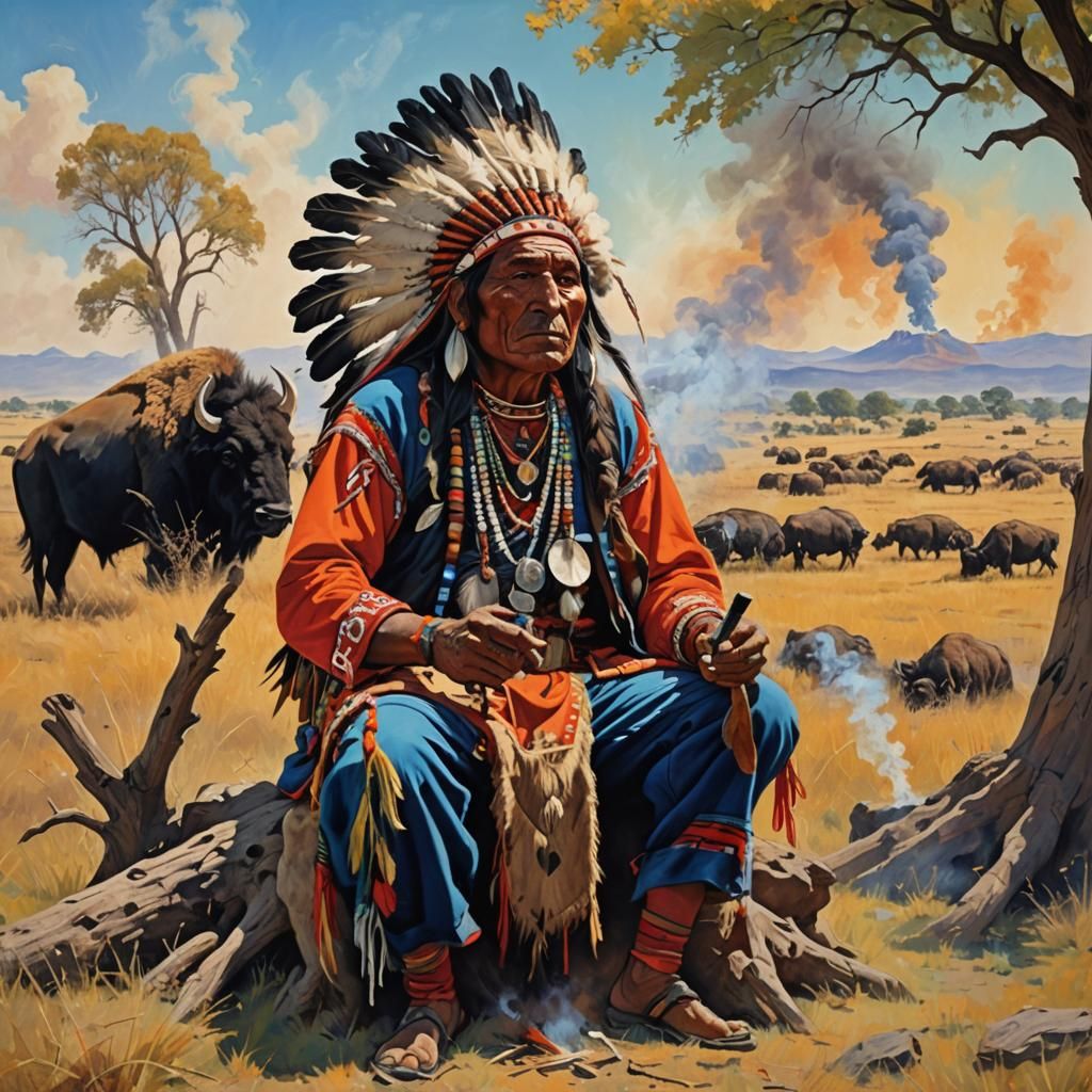 Apache Chief Smoking Peace Pipe in Colorful Field