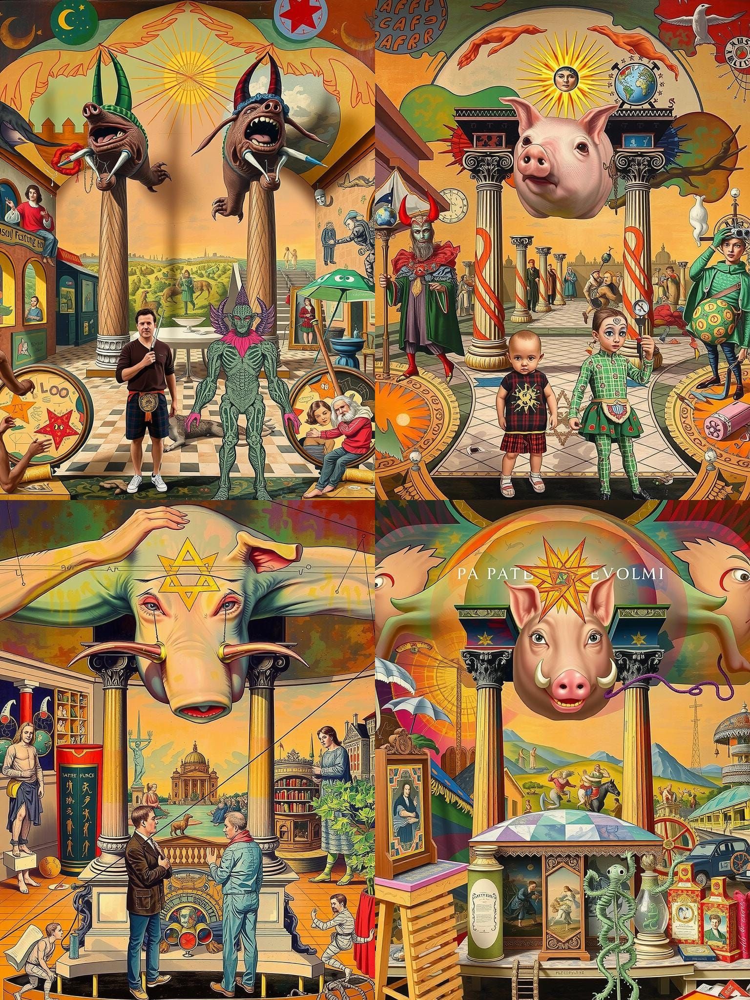 Grotesque Figures in Guggenheim Museum: Dark Surrealism