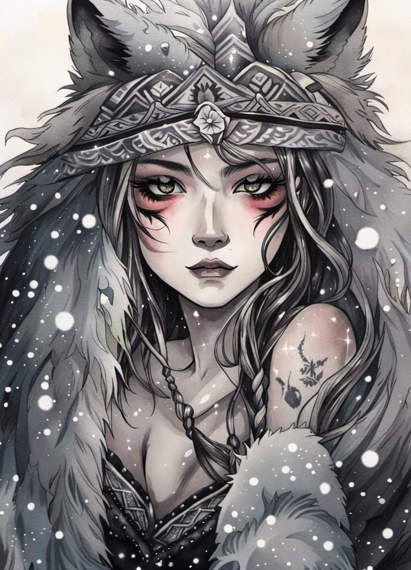 Tribal Wolf Girl in Ukiyo-e Style