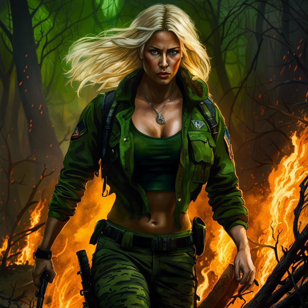 Soldier Walks Through Burning Forest in Heavy Rain