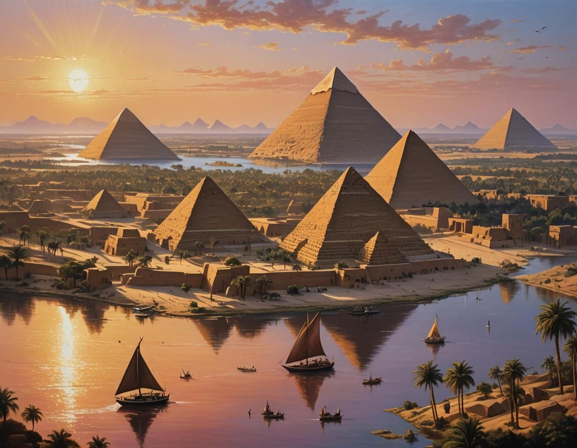 Egyptian Pyramids and Nile River Sunset: Expressionist Oil P...