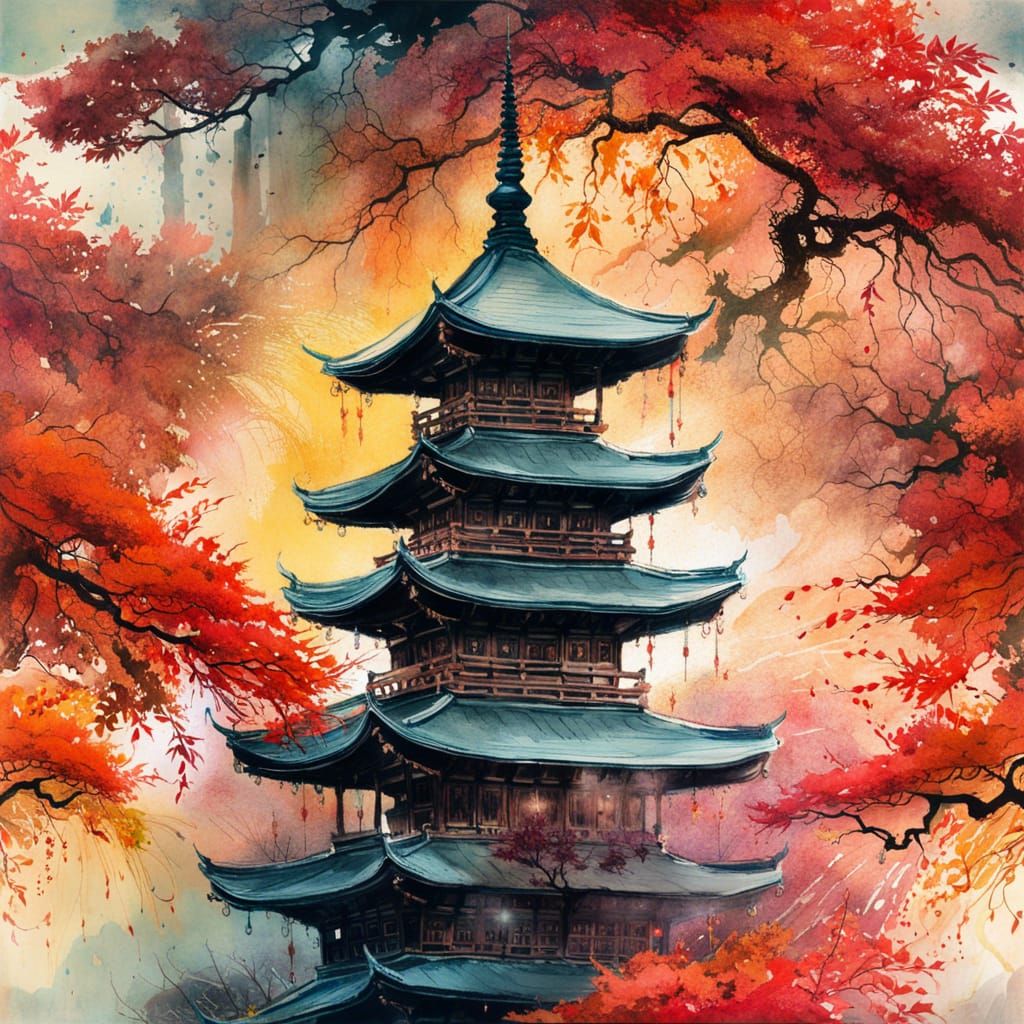 Japanese Maple Tree with Pagoda: Watercolor Art