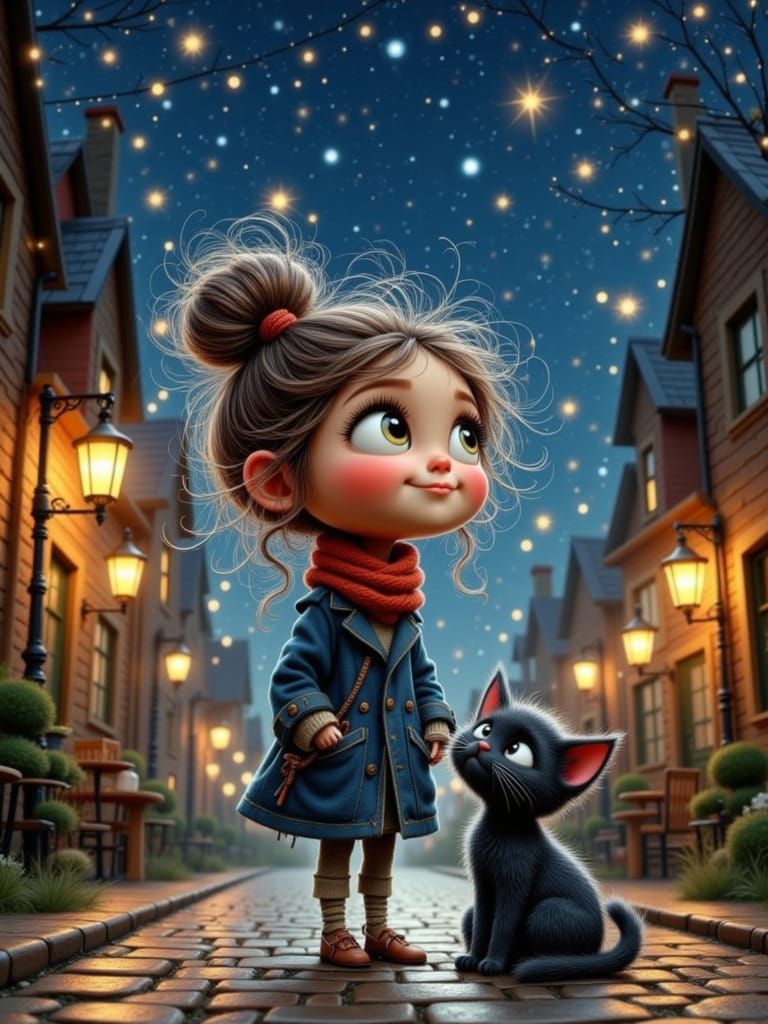 Whimsical Girl and Cat Under Starry Sky