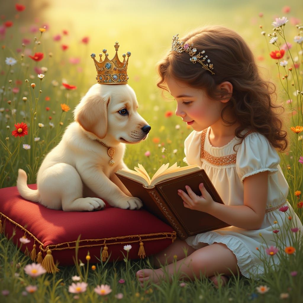 Regal Labrador Puppy Admires Little Girl in Sunlit Meadow