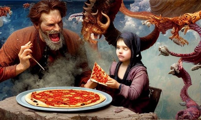 Demons Sharing Pizza: Detailed Filigree Matte Painting