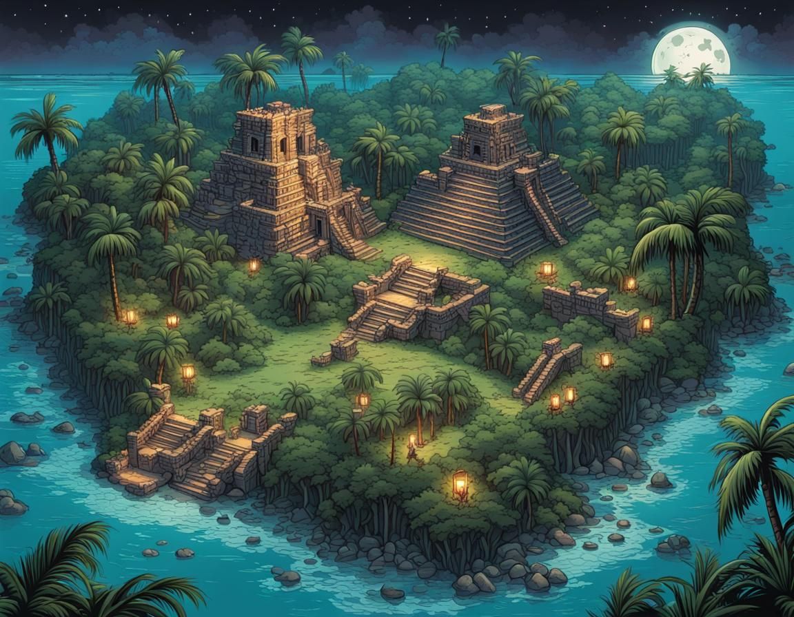 Monkey Island Map with Aztec Ruins in Comic Book Style
