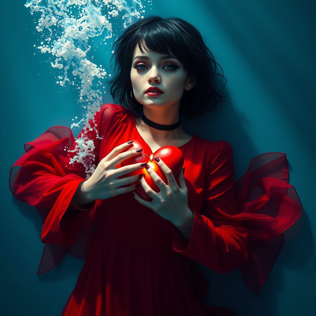 Ethereal Woman Underwater, Cradling Her Heart in a Whimsical...