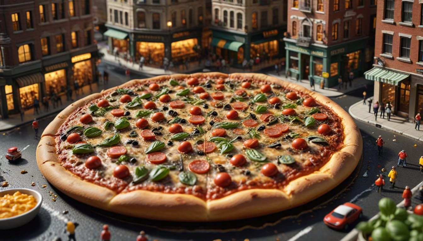 Miniature City Built on Pizza: Hyperrealistic Feast