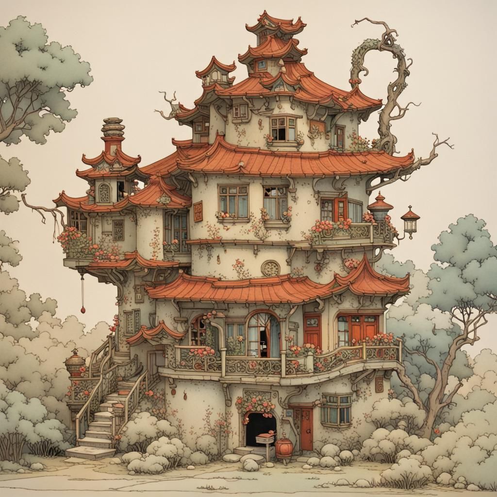 Whimsical Chinese Teapot House in Heath Robinson Style