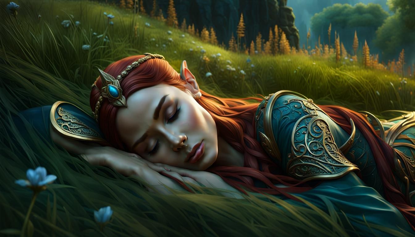 Elvish Noble Woman sleeping on her side in the grass