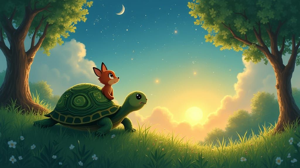 Whimsical Disney-Inspired Illustration of Turtle and Fox