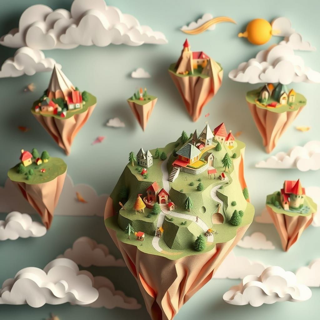 Whimsical Floating Paper Islands with Tiny Villages