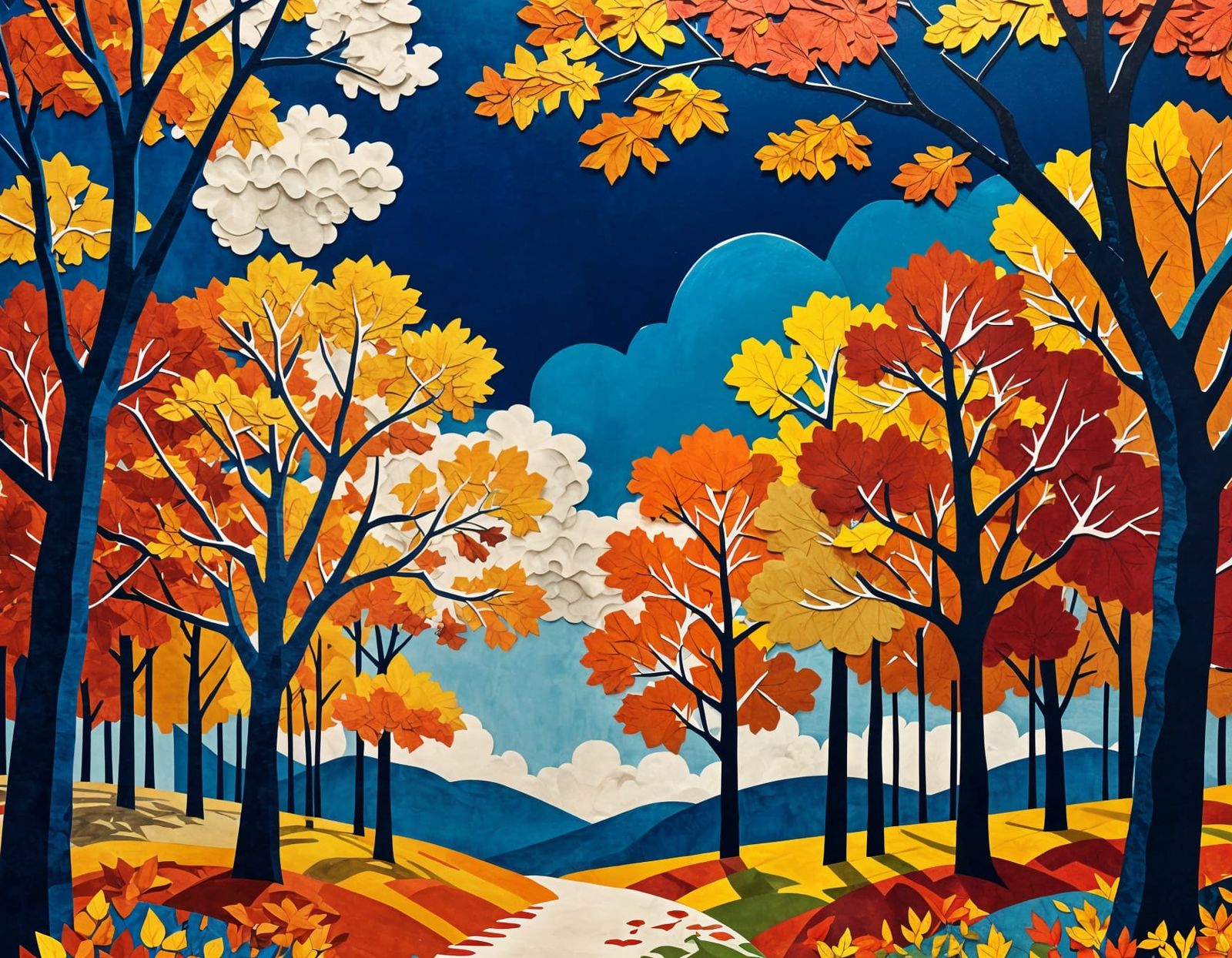 Vibrant Autumn Trees Collage Against Blue Sky