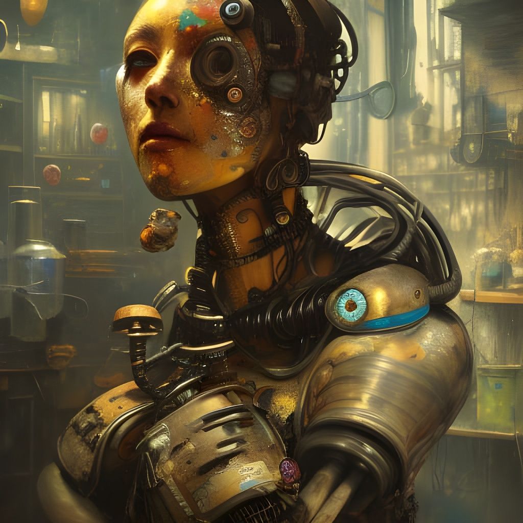 Honeypunk Robot Portrait in Cluttered Workshop