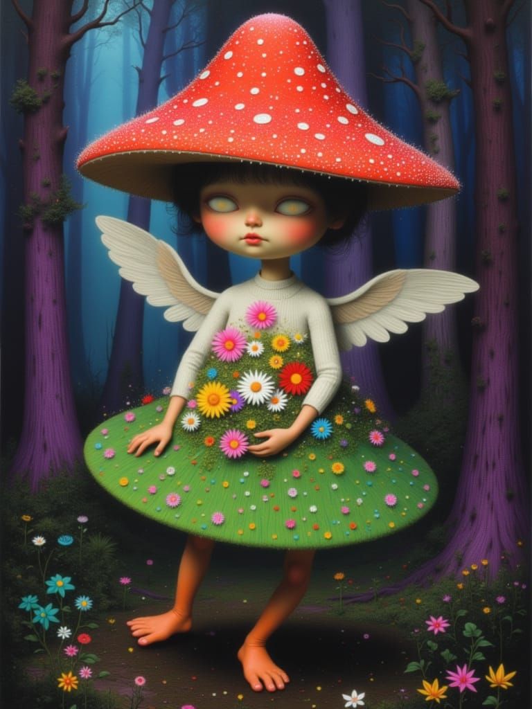 Dancing Duckling with Mushroom Cap in Surreal Forest