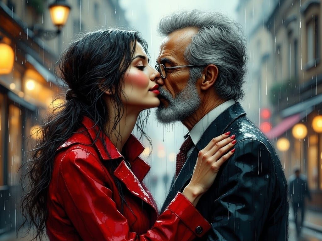 <lora:Ink Poet:1.0> a couple with an age difference is passionately kissing in the rain