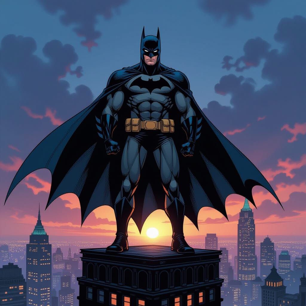 Batman on Gotham Skyscraper at Dusk in Realistic Comic Style
