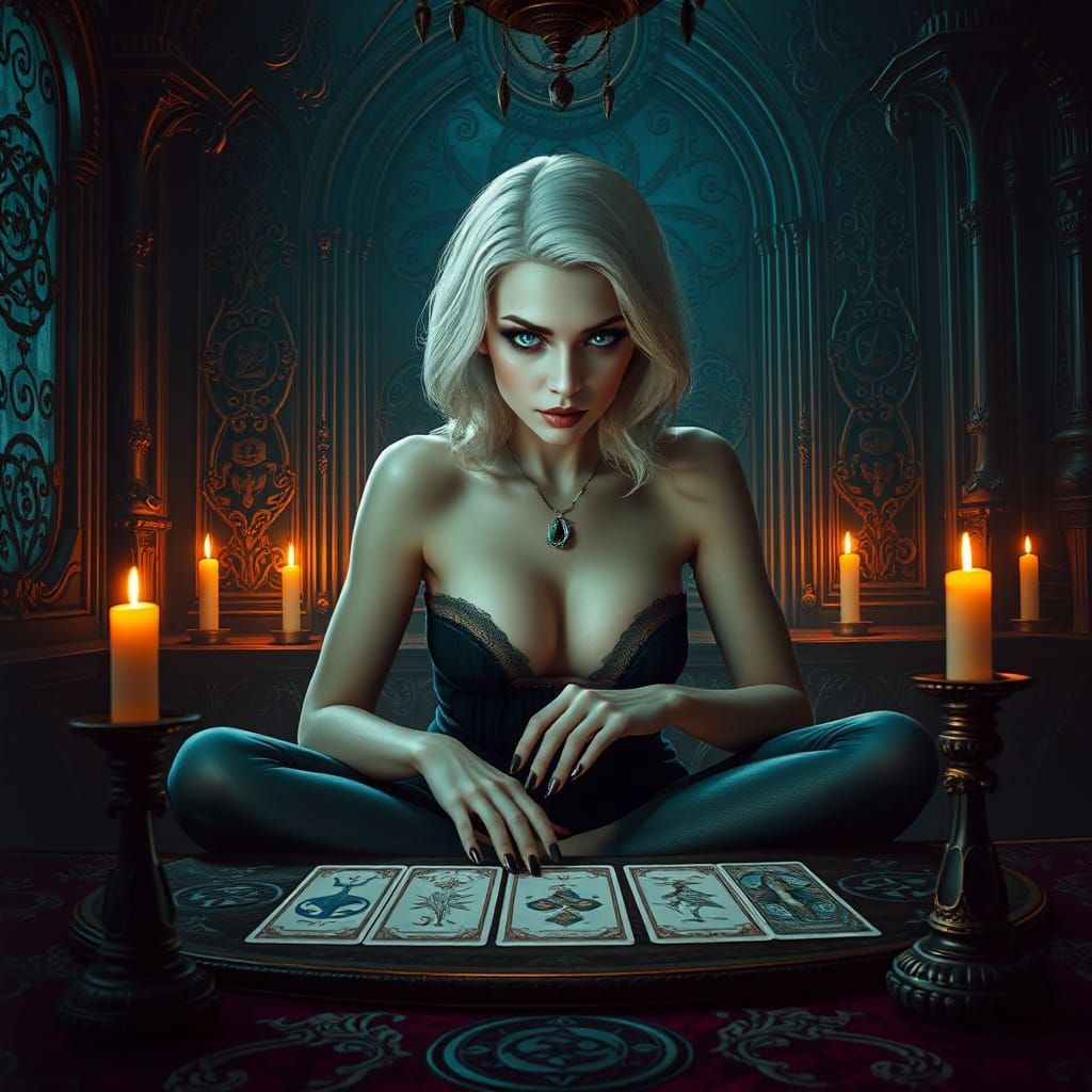 Mystical Tarot Reader in Gothic Chamber, Fantasy Art