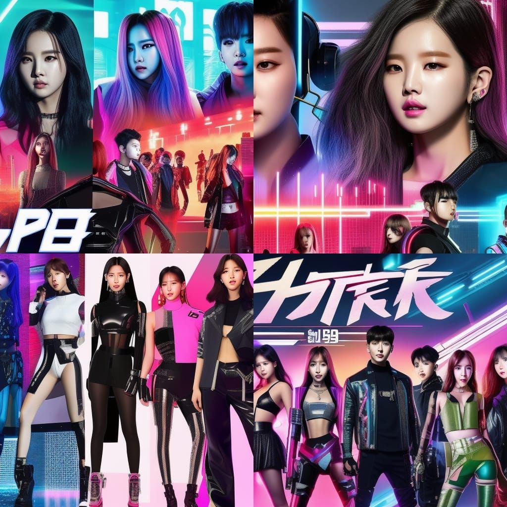 Kpop Group in Cyberpunk 2099 Neon Style