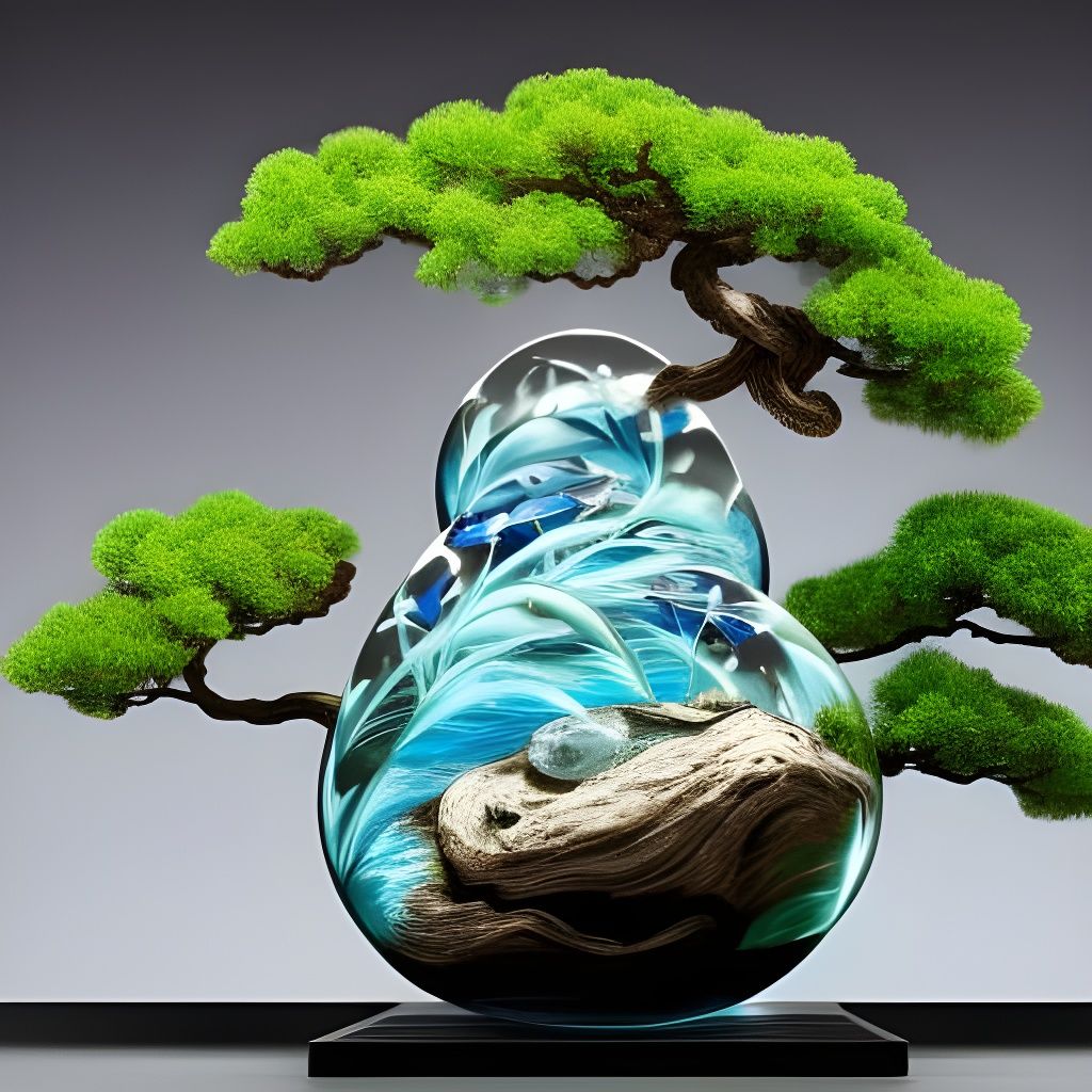Crystal Bonsai Tree on Island Lake: Digital Art