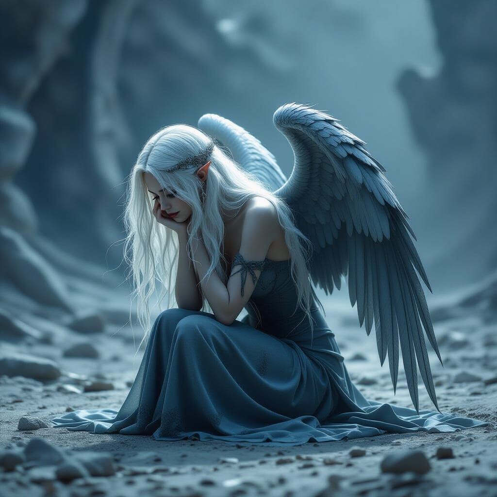 Fallen Angel Transformed to Stone in Dark Fantasy Art