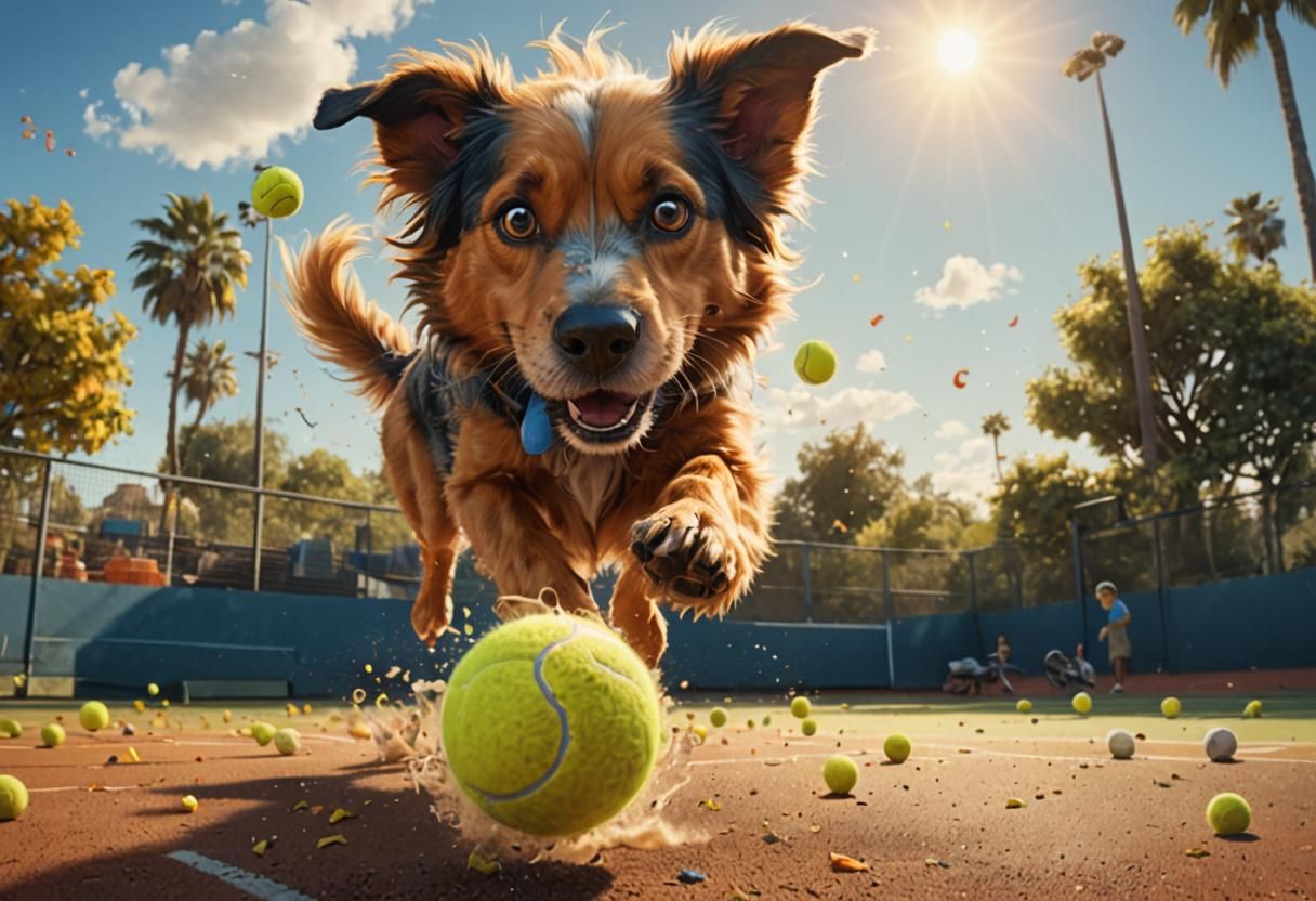 Cartoon Dog Chasing Tennis Ball in Fantasy Art Style