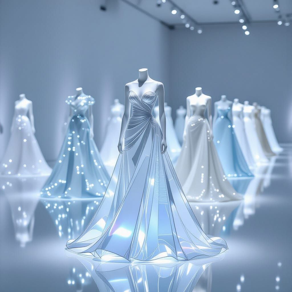 Rows of Shimmering Glass Dresses in Modern Gallery