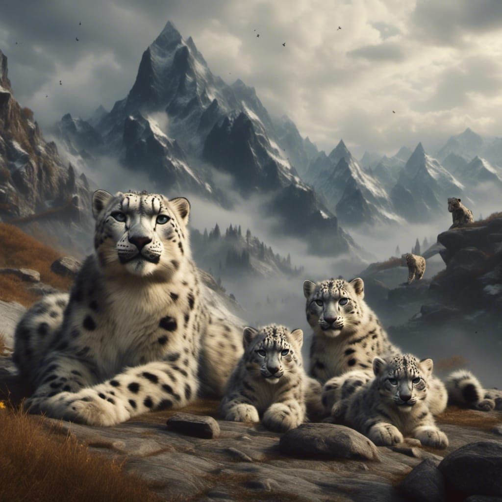 Snow Leopard Family in Mountain Valley