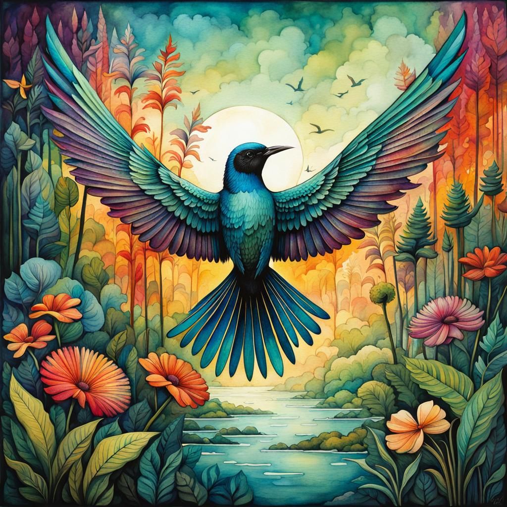 Bird in Paradise: Art Brut Watercolor Illustration