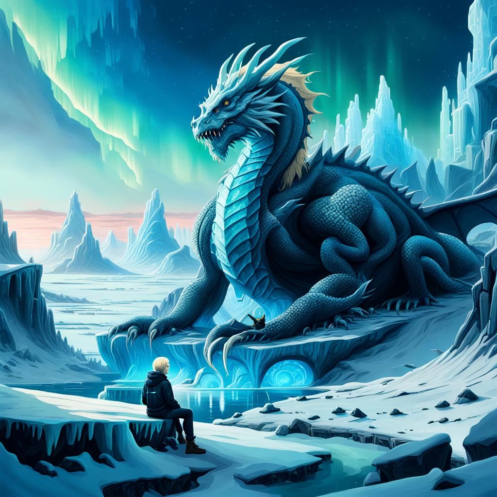 Blond Rider on Dragon in Antarctica, Oil Painting