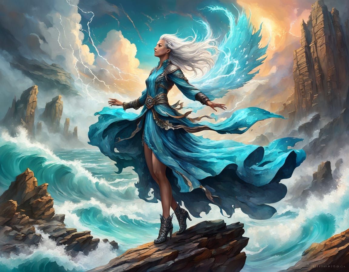 Ethereal Fairy Goddess Rides Turquoise Waves in Stormy Skies
