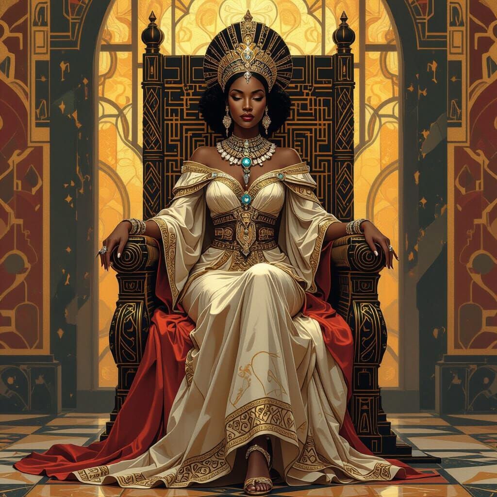 African Queen on Golden Throne in Art Deco Style