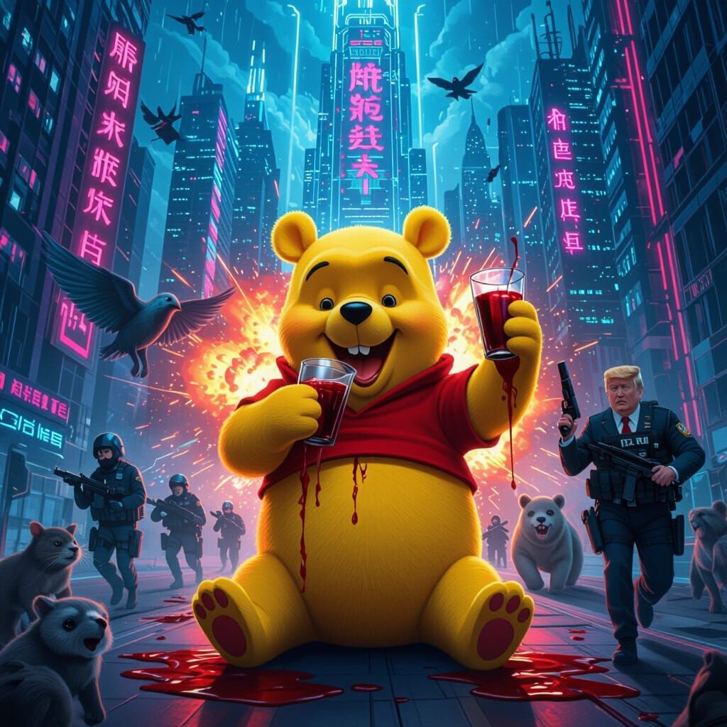 Cyberpunk Winnie the Pooh with Xi Jinping Face Drinks Blood