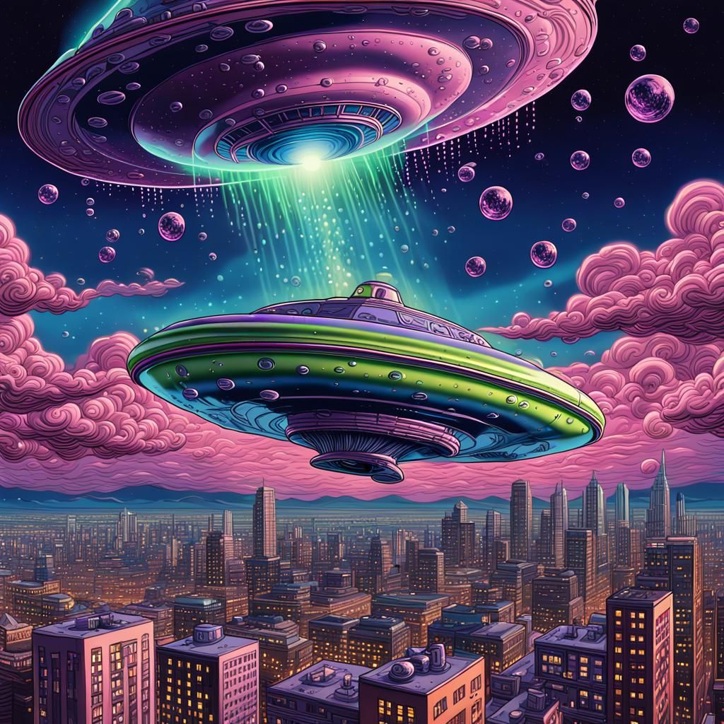 Soda Can Lifted by Flying Saucer in Vibrant Cityscape