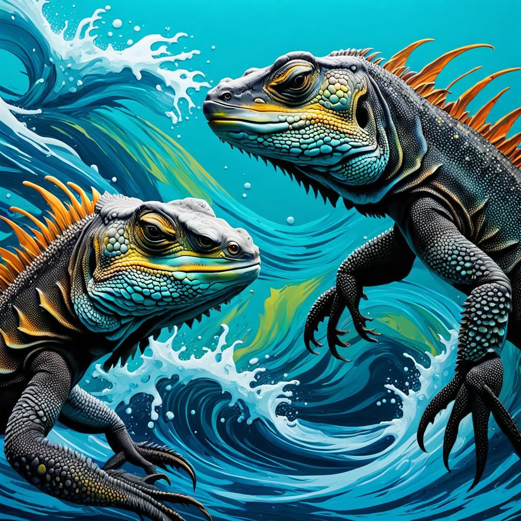 Galapagos Iguanas Swimming: Hyperrealistic 3D Graffiti Art