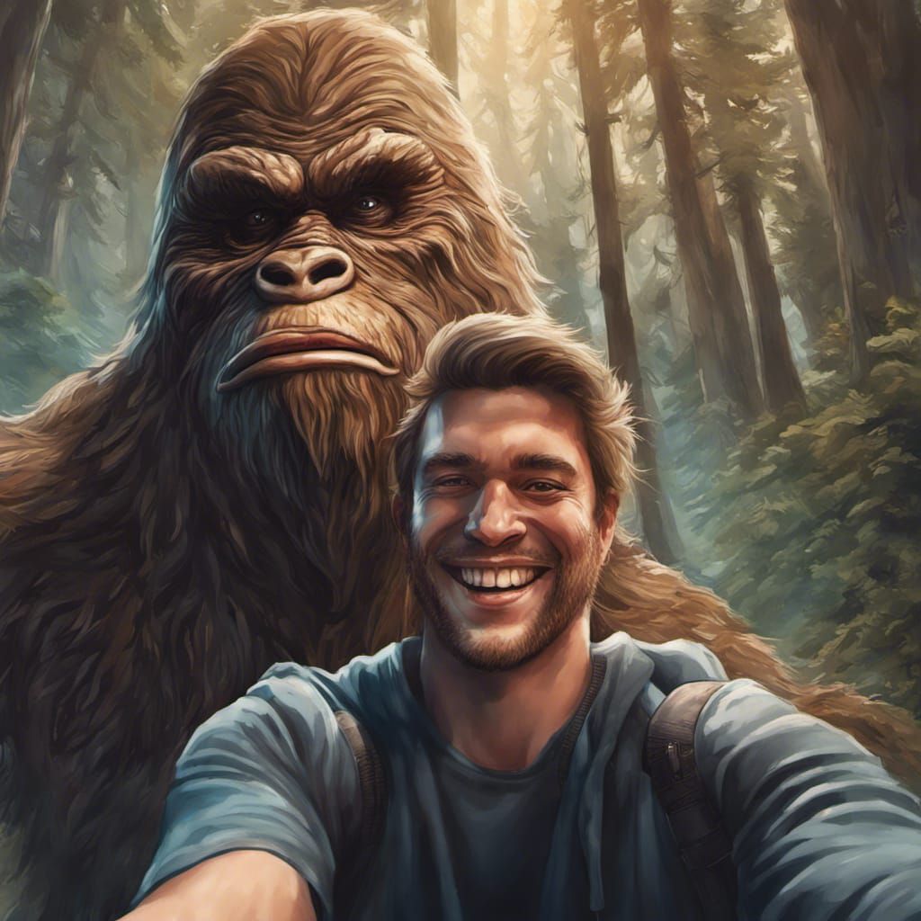 Hyperrealistic Selfie with Satsquatch in Forest