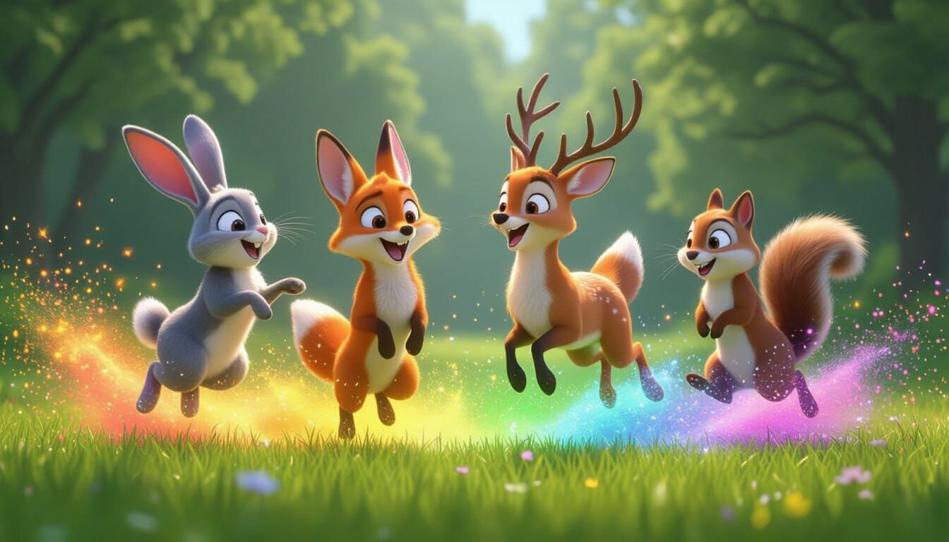 Joyful Animals Leap in Rainbow Dust, Pixar Animation Style